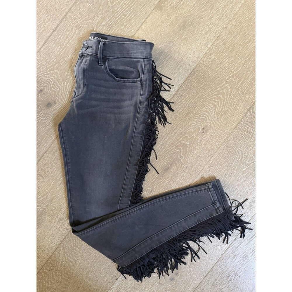 Women’s Express Mid Rise Black Fringe Jeans Dark Wash Cowgirl Denim Size 4R - Picture 7 of 7